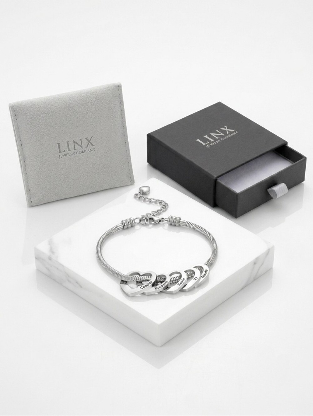 Silver Personalized Name Heart Charms And Snake Chain Charm Bracelet